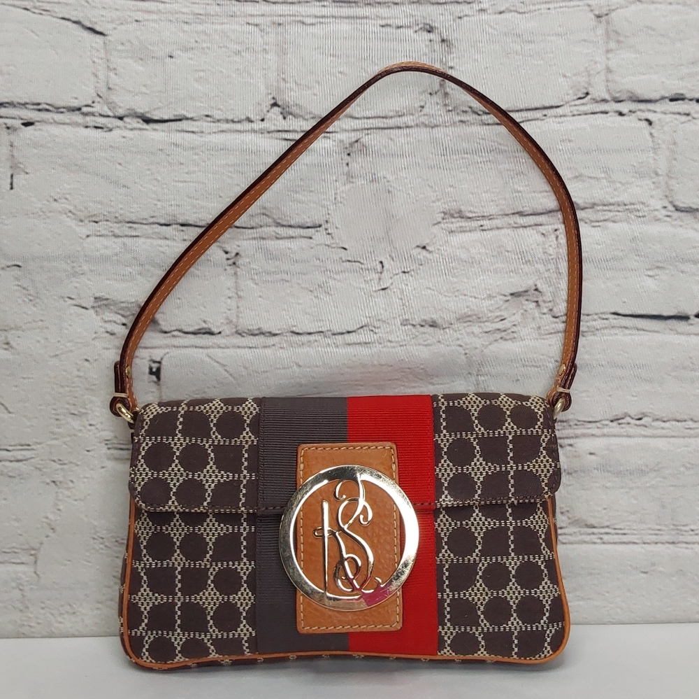 KATE SPADE 'ÐOT-NOÈL' LEATHER-TRIM JACQÙARÐ  SHOULDER/ CLUTCH BAG SIGNATURE DOʻT